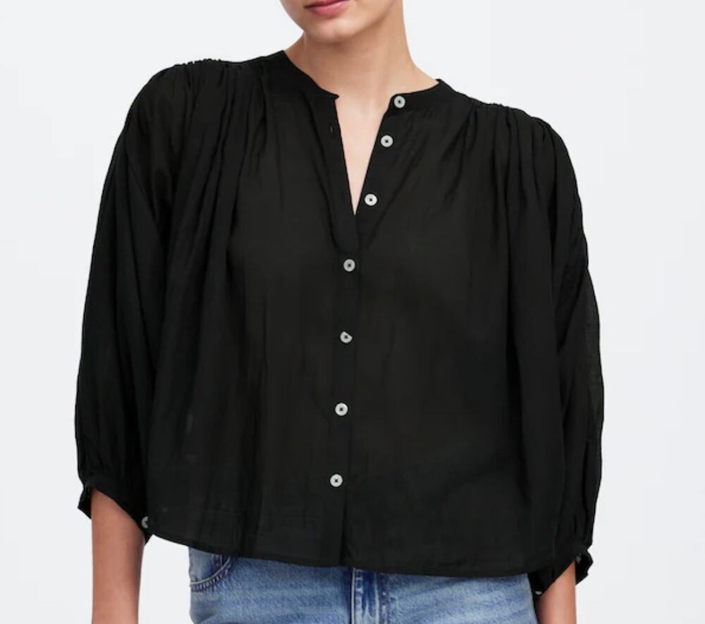 Madewell Women's Black Balloon Sleeve Peasant Blouse Cottagecore Boho Size XL